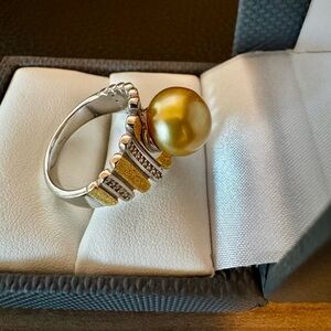 Golden Cultured South Sea Pearl White Zircon Rhodium 18K Yellow Gold/Sterl. Sz7.